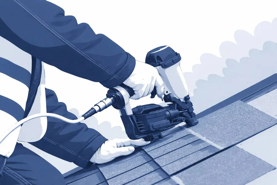 Roofer installing shingles